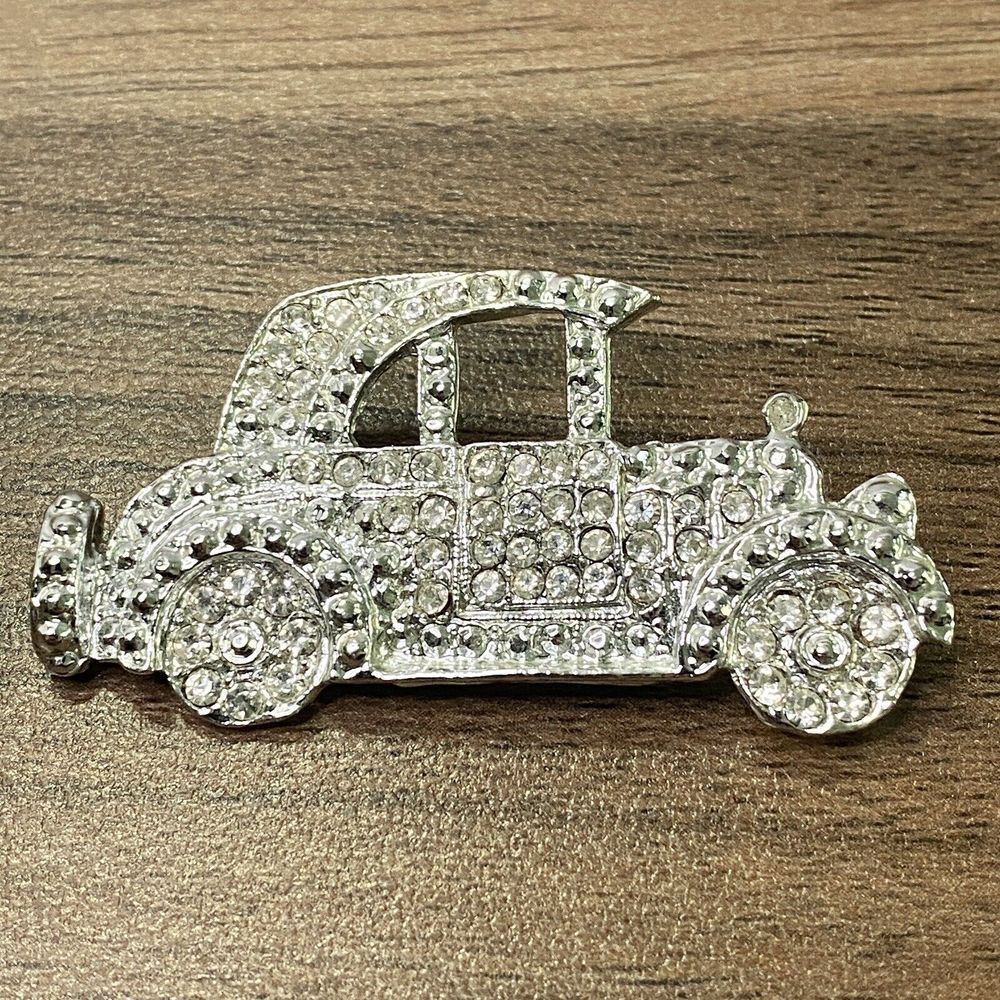 Antique Classic 1900s Model T Car Silver Rhinestone Brooch Pin "C" Clasp Bling